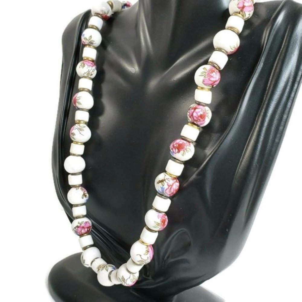 Vintage 60s Rose Flower Ceramic Necklace - Picture 1 of 8